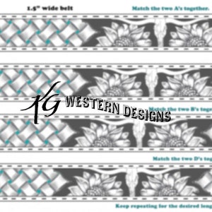 Puede incluir: Un patrón de diseño gráfico en blanco y negro para un cinturón de 3,8 cm de ancho. El patrón presenta un diseño tejido con un motivo de girasol. Las instrucciones para el patrón incluyen unir las dos A, las dos B y las dos D. Las instrucciones también indican que se repita el patrón para la longitud deseada del cinturón.