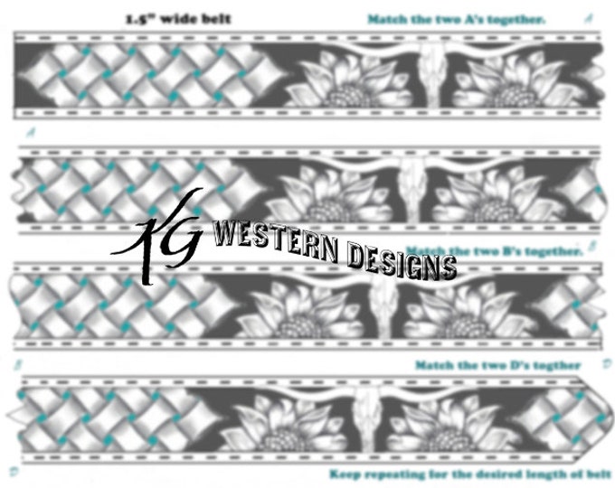 Leather Tooling Pattern- Longhorn Steer, Sunflowers, and Basketweave -Belt Pattern Design Download