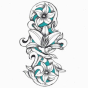 May include: A black and white line drawing of a floral design with turquoise accents. The design features three flowers with five petals each. The flowers are arranged in a vertical pattern with the largest flower in the centre.