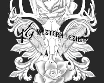 Elkskull, Antlers, Roses, Feathers- Leather Tooling Tracing Design Pattern PDF