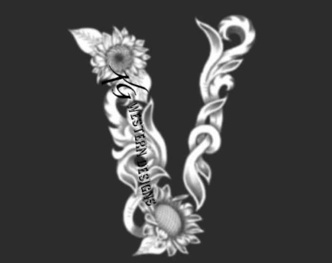 Letter V- Leather Tooling- Feathers-Vines & Sunflowers Filigree Tracing Design PDF Pattern
