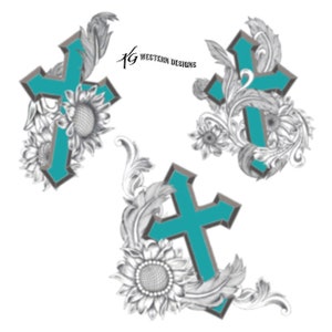May include: Three turquoise crosses with intricate floral designs. The crosses are surrounded by sunflowers and leaves. The text "Western Designs" is visible in the top center of the image.