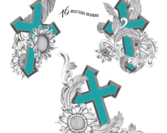 Pattern Pack of 3 Sunflower-Cross-Feathers Leather Tooling Designs #2