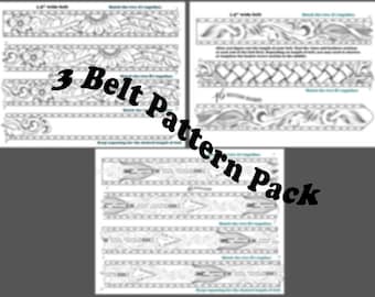 3 Leather Belt Patterns- PDF Pack- Western Tooling, Sunflowers & Feathers, Arrows, Basketweave, Pattern Designs Download