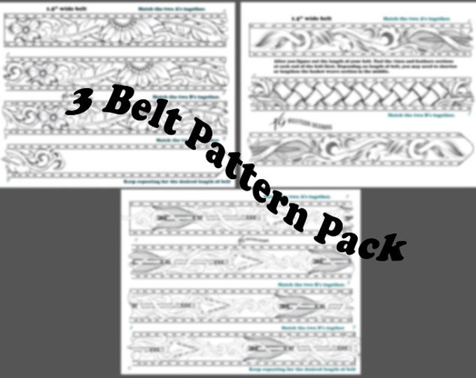 3 Leather Belt Patterns- PDF Pack- Western Tooling, Sunflowers & Feathers, Arrows, Basketweave, Pattern Designs Download