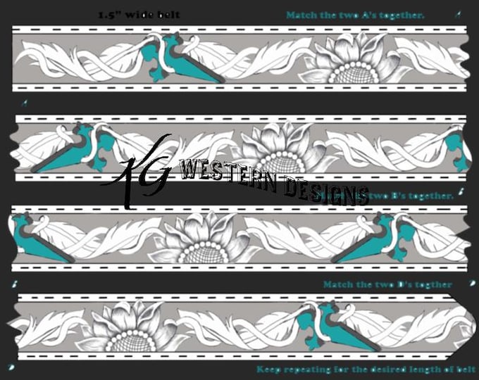 Sunflowers, 3D Cross, Feathers- Leather Belt Tooling Design Pattern PDF Download