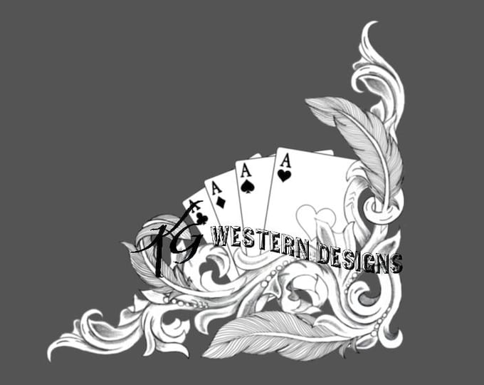 Leather Tooling Playing Cards, Western Feathers, Corner Frame Design Carving Tracing PDF Pattern