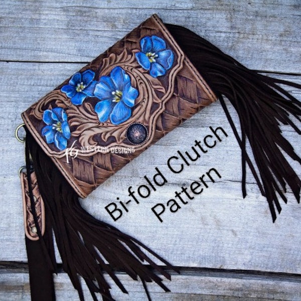 Leather Tooled Bifold Wallet Clutch Pattern Template With Fringe PDF + Two Tooling Designs.