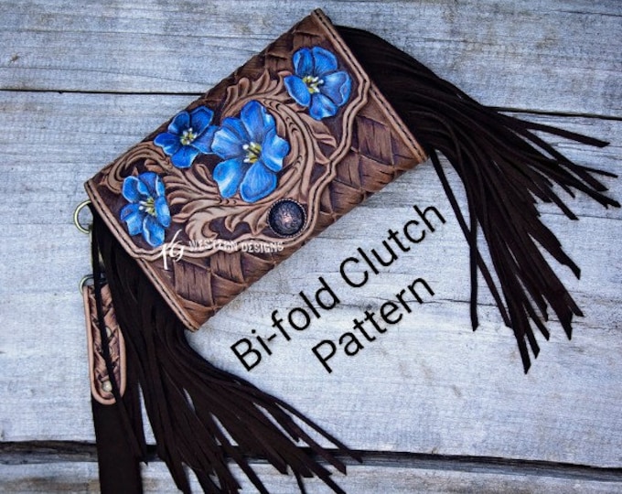 Leather Tooled Bifold Wallet Clutch Pattern Template With Fringe PDF + Tooling Designs.