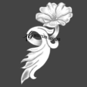 May include: A black and white illustration of a stylised flower with a single bloom and a flowing stem.