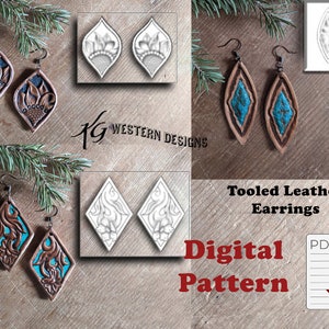 May include: Digital download pattern for tooled leather earrings. The pattern includes two designs: a diamond shape with a floral design and a teardrop shape with a geometric design. The pattern is available in PDF format.
