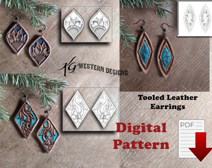 Leather Tooled Sunflower, Vines +Flower, Faux Turquoise Stone Earrings Pattern (4 Pack) #4