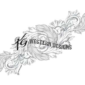 May include: A black and white line drawing of a floral design with the text "KG WESTERN DESIGNS" in the centre.