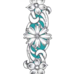 May include: A black and white floral design with turquoise swirls. The design features three flowers with five petals each.