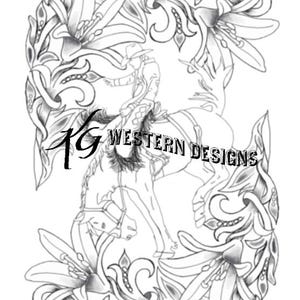 May include: Black and white illustration featuring a cowboy riding a bucking horse, surrounded by floral and leaf designs. The text "KG Western Designs" is included in the image. The artwork is detailed and suitable for western-themed products.
