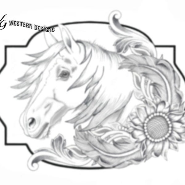 Horse Portrait Sunflower and Feathers Western Design Carving DIY Leather Tooling Tracing Pattern