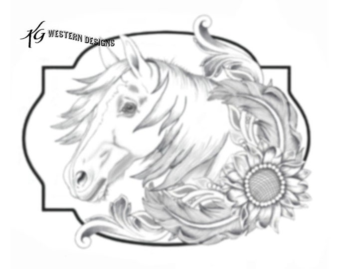 Horse Portrait Sunflower and Feathers Western Design Carving DIY Leather Tooling Tracing Pattern