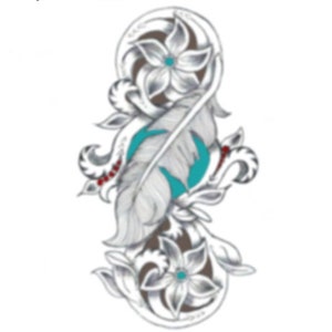 May include: A black and white line drawing of a feather with turquoise accents and floral designs. The feather is surrounded by two stylised flowers with five petals each. The image is titled "Western Designs".