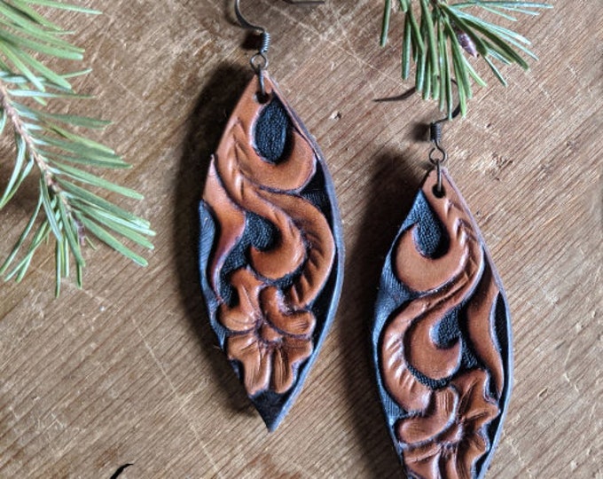 Hand Tooled Leather Carved Earrings