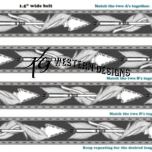 May include: Instructions for creating a 1.5 inch wide belt with a repeating arrow design. The design is made up of two parts, A and B, which are repeated to create the pattern. The instructions show how to match the two A's together, then the two B's together, and finally the two D's together. The text "WESTERN DESIGNS" is visible in the image.