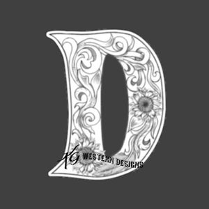 Letra D - Diseño de filigrana para cuero - Plumas, enredaderas y girasoles - Patrón PDF