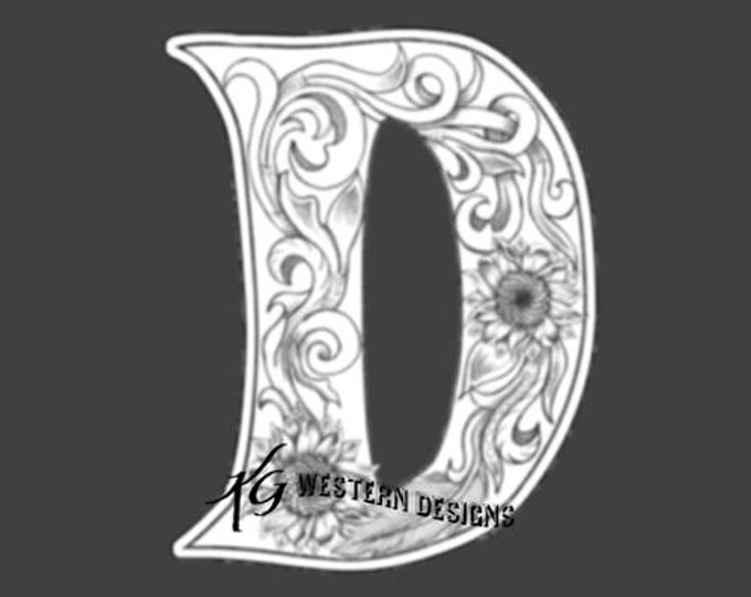 Letter D - Leather Tooling- Feathers-Vines & Sunflowers Filigree Tracing Design PDF Pattern