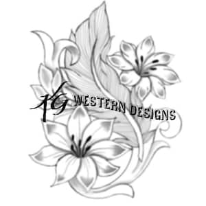 Puede incluir: Un dibujo en blanco y negro de dos flores estilizadas con hojas y un adorno. El texto "Western Designs" está incluido en la imagen.
