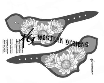 Spur Straps PDF Pattern Template Sunflowers, Floral, Western Style Leather Tooling Boot Strap Design