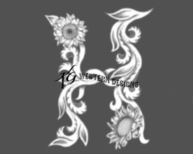 Letter H - Leather Tooling- Feathers-Vines & Sunflowers Filigree Tracing Design Pattern