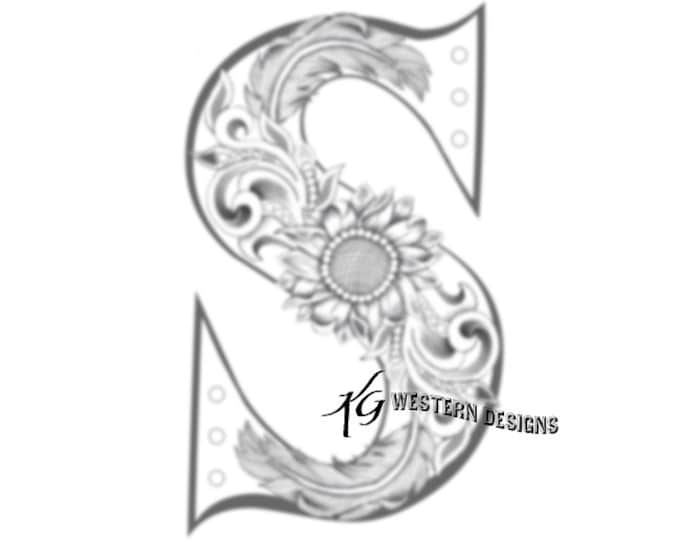 Letter S- Leather Tooling- Feathers-Vines & Sunflowers Tracing Design Pattern