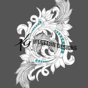 May include: A white floral design with turquoise accents. The design features a stylised feather and the text "KG WESTERN DESIGNS".