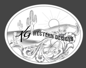 Sunset/Sunrise Desert Cactus Scene - Western Scrollwork Carving Tracing Design Pattern