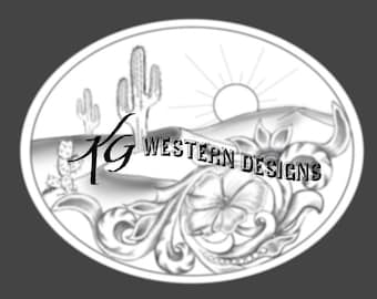 Sunset/Sunrise Desert Cactus Scene - Western Scrollwork Carving Tracing Design Pattern