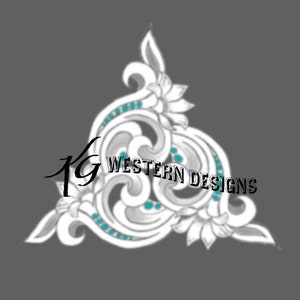 May include: A white floral design with turquoise accents in the shape of a triangle. The design includes the text "KG WESTERN DESIGNS".