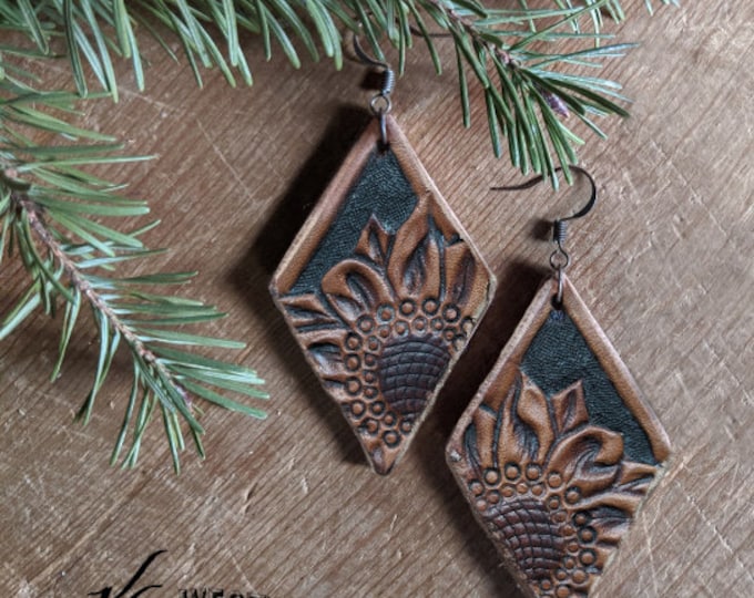 Hand Tooled Leather Carved Sunflower Diamond Shaped Earrings