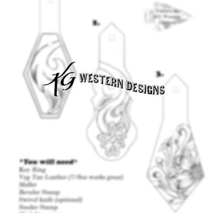 May include: Black and white line drawings of key fobs with decorative designs. The image includes the text "Key Fobs", "Western Designs", and a list of materials needed, such as key rings and leather.