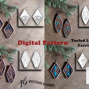 May include: Digital download pattern for tooled leather earrings. The pattern includes four different designs: a diamond with a floral design, a diamond with a geometric design, a leaf shape with a floral design, and a leaf shape with a feather design. The pattern is available in PDF format.