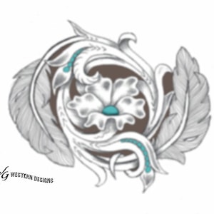 May include: A black and white illustration of a stylized floral design with turquoise accents. The design features a flower with a center turquoise stone and two feathers on either side.