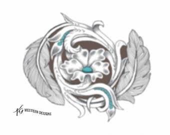 Leather Tooling Curved-Feathers-Center-Flower Leather Tooled Carving Tracing Design Pattern PDF