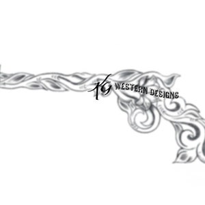 May include: A black and white line art design of a pistol with intricate floral details. The design is labeled "Western Designs".