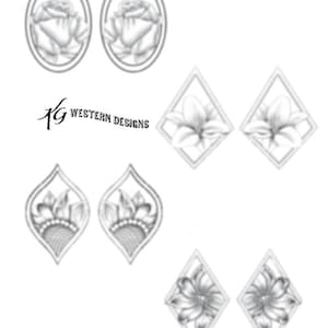 May include: A set of six silver earrings featuring floral designs. The earrings are in the shape of a teardrop, a diamond, and a circle. The floral designs are intricate and detailed.