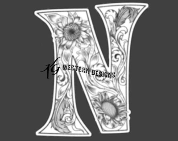 Letter N - Leather Tooling- Feathers-Vines & Sunflowers Filigree Tracing Design PDF Pattern