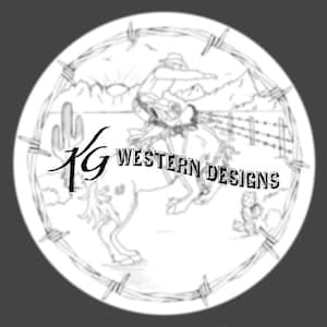 May include: Black and white line art illustration of a cowboy riding a horse. The cowboy is wearing a hat and boots. The horse is bucking. The image is surrounded by a barbed wire fence. The text "KG WESTERN DESIGNS" is in the lower right corner of the image.
