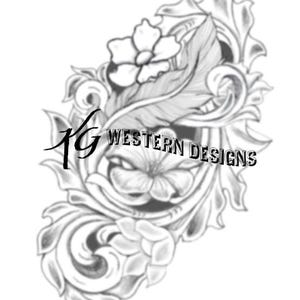 May include: A black and white line art design of a floral motif with a stylised flower and leaves. The design includes the text "KG WESTERN DESIGNS".