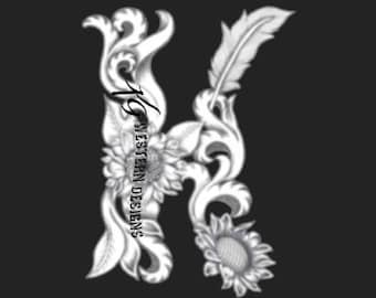 Letter K - Leather Tooling- Feathers-Vines & Sunflowers Filigree Tracing Design PDF Pattern