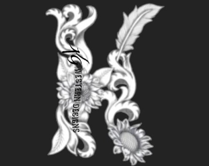 Letter K - Leather Tooling- Feathers-Vines & Sunflowers Filigree Tracing Design PDF Pattern