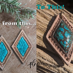 May include: Two turquoise blue leather earrings with a diamond shape and a decorative border. The earrings are shown on a wooden surface. The text "Go from this... To This!" is visible in the image.