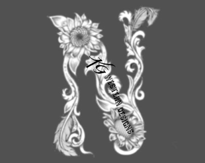 Letter N - Leather Tooling- Feathers-Vines & Sunflowers Filigree Tracing Design Pattern