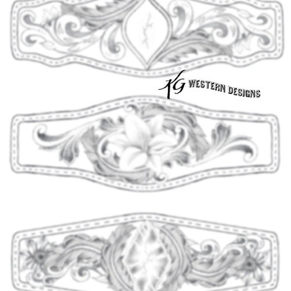 Feathers + Flowers + Faux Stone Leather DIY Bracelet Cuff Tooling Pattern Pack with 3 tooling designs.