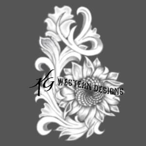 May include: A black and white line art design of a sunflower with intricate floral details. The design includes the text "KG WESTERN DESIGNS".